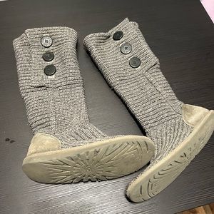 “Ugg Australia” K Cardy, grey 2 button, tall knit boots; size 6